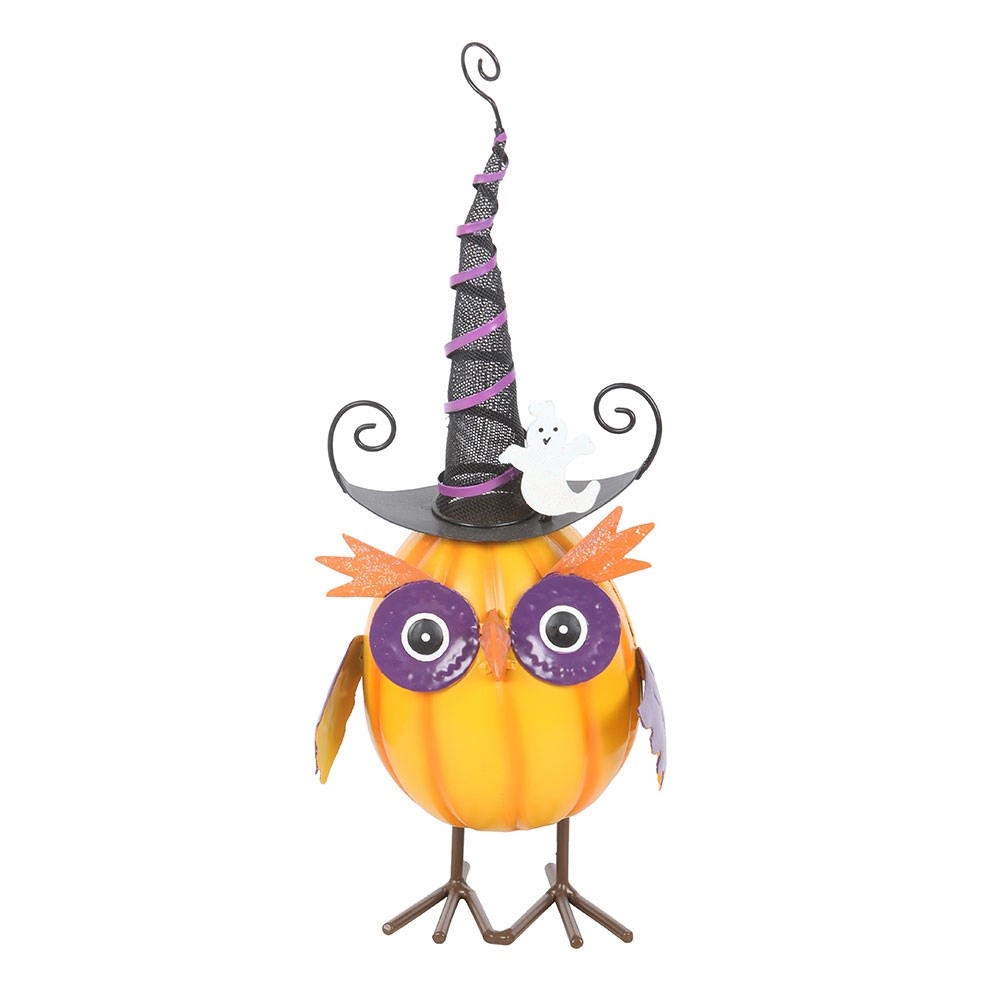 Something Different - Orange Metal Owl Ornament with Witch Hat and Ghost Garden figure - Multicolours